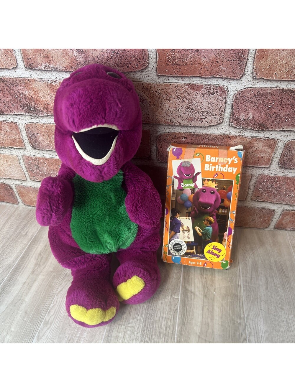 Lot Barney Plush Vintage 1992 Stuffed Purple Dinosaur Toy Doll 14” & VHS Tape